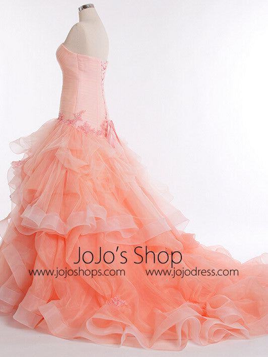 Strapless Peach Fit and Flare Formal Prom Pageant Ball Gown | RS3016