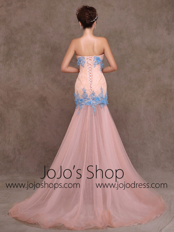Whimsical Strapless Fitted Peach Lace Formal Evening Prom Dress X010