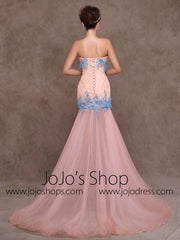 Whimsical Strapless Fitted Peach Lace Formal Evening Prom Dress X010