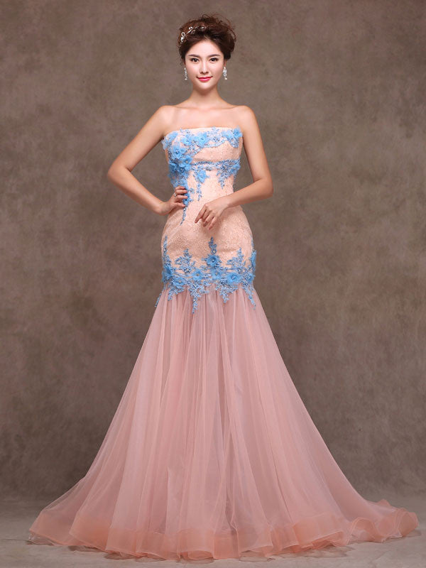 Whimsical Strapless Fitted Peach Lace Formal Evening Prom Dress X010