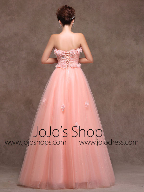 Whimsical Strapless Floral Blush Pink Formal Prom Evening Dress with Lace Bodice X003