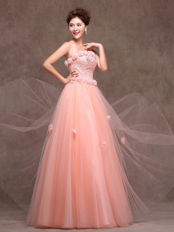 Whimsical Strapless Floral Blush Pink Formal Prom Evening Dress with Lace Bodice X003
