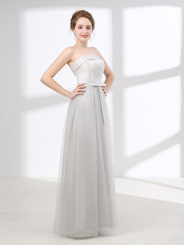 Strapless Dove Gray Tulle Floor Length Evening Dress