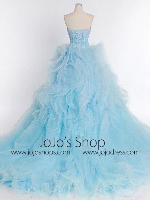 light blue ruffle prom dress Ice Blue Strapless Formal Prom Beauty Pageant Ball Gown With Ruffle Skirt