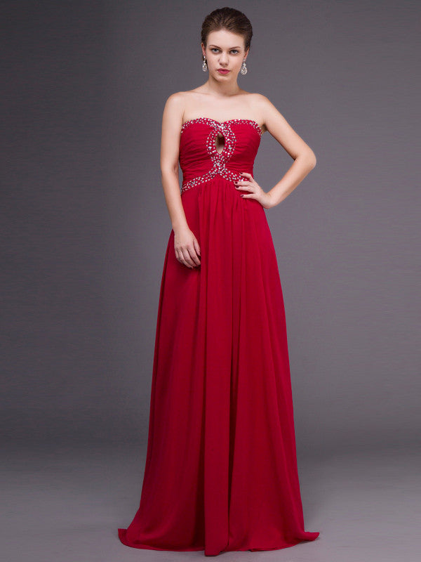 Strapless Red Chiffon Long Formal Prom Dress