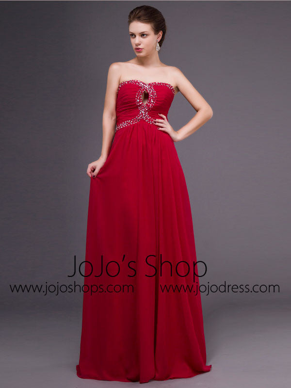 Strapless Red Chiffon Long Formal Prom Dress