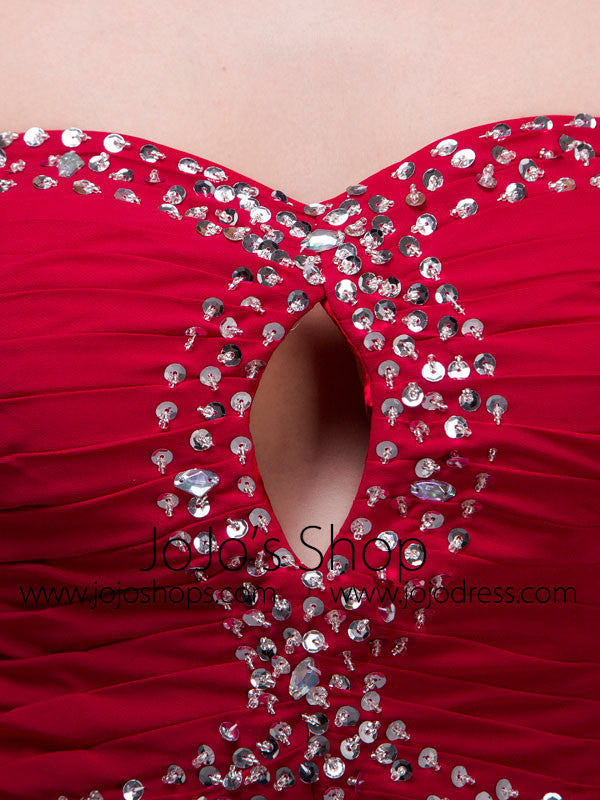 Strapless Red Chiffon Long Formal Prom Dress