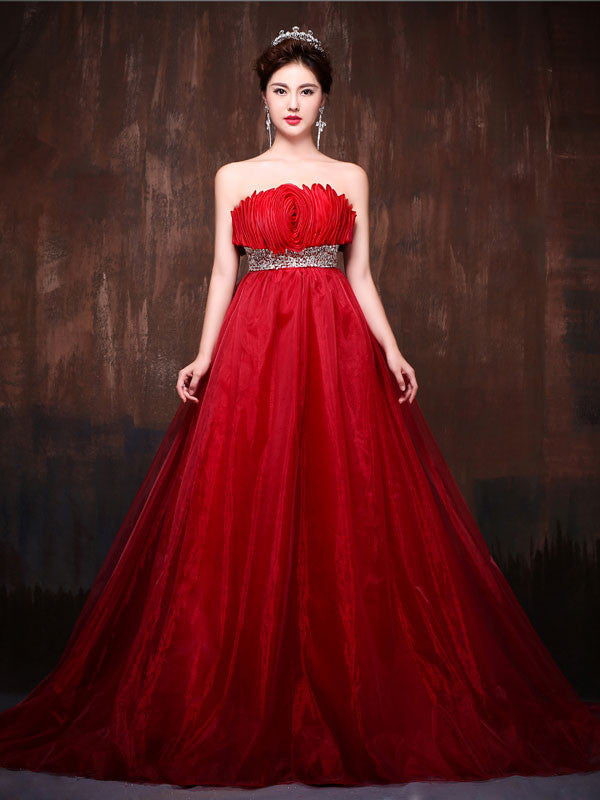 Strapless Red Rosette Ball Gown Formal Evening Prom Dress X001