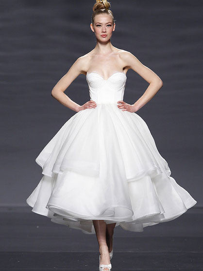 Retro 50s Strapless Organza Tiered Tea Length Tulle Dress