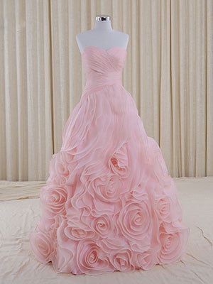 Pink Strapless Sweetheart Evening Dress with Rosette Ruffles