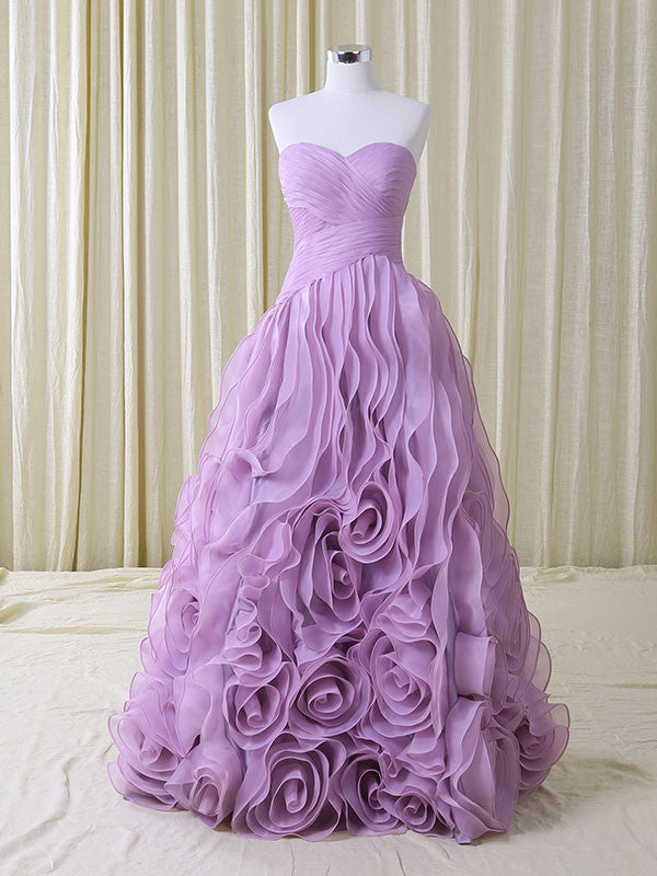 Purple Strapless Sweetheart Evening Dress with Rosette Ruffles