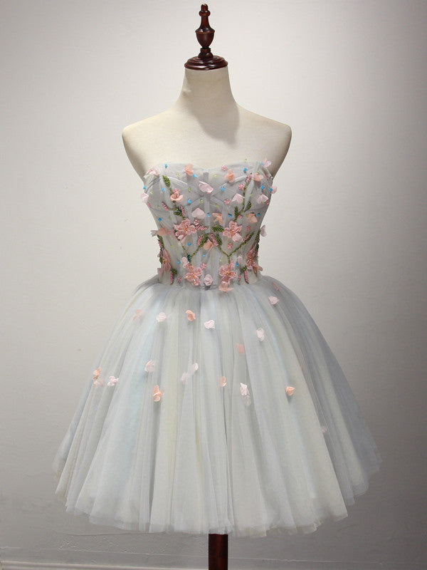 Short Strapless Prom Dress with Floral Applique