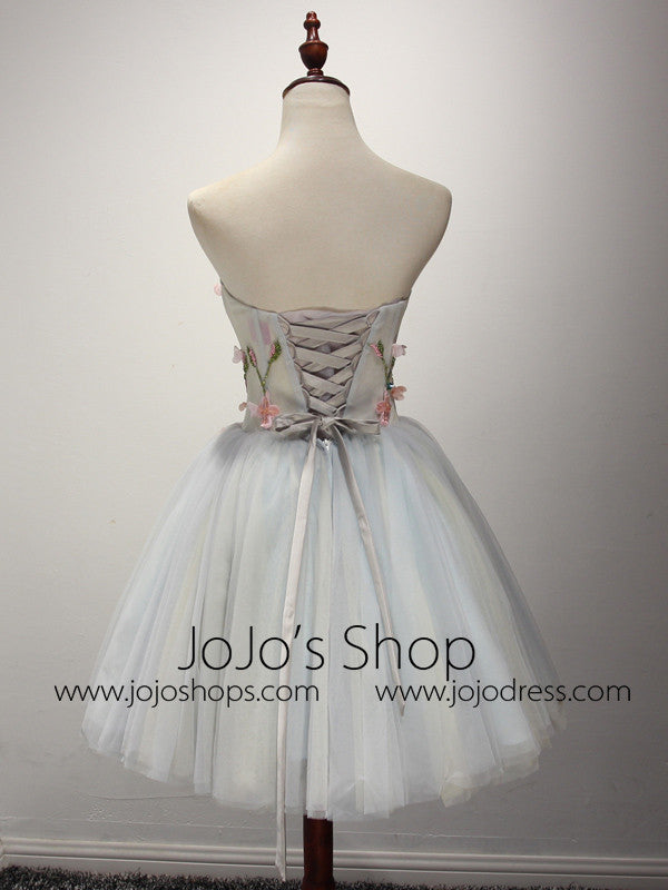 Short Strapless Prom Dress with Floral Applique