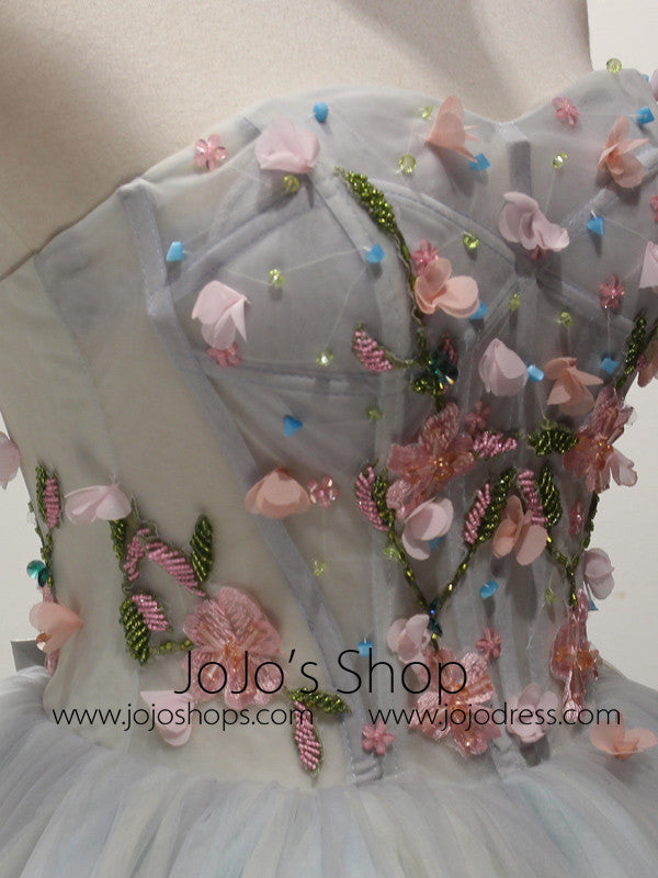 Short Strapless Prom Dress with Floral Applique