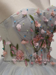 Short Strapless Prom Dress with Floral Applique