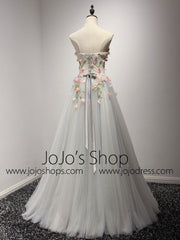Strapless Soft Gray Prom Formal Home Coming Dress with Flowers