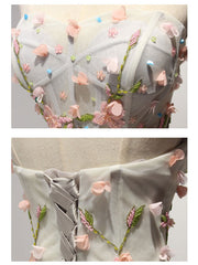 Strapless Soft Gray Prom Formal Home Coming Dress with Flowers