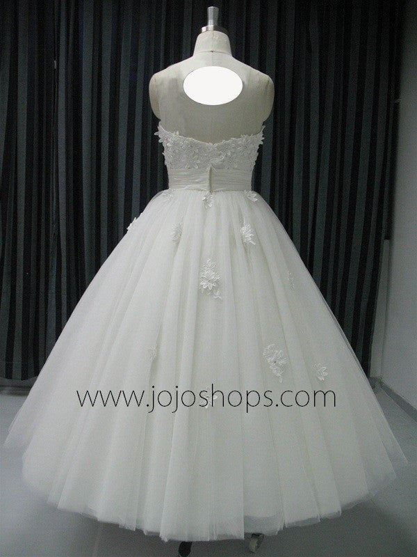 Retro Strapless Tea Length Wedding Gown with Daisy Flowers