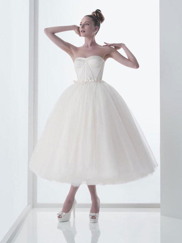 Retro 50s Strapless Tulle Ballerina Tea Length White Tulle Dress | DV1038