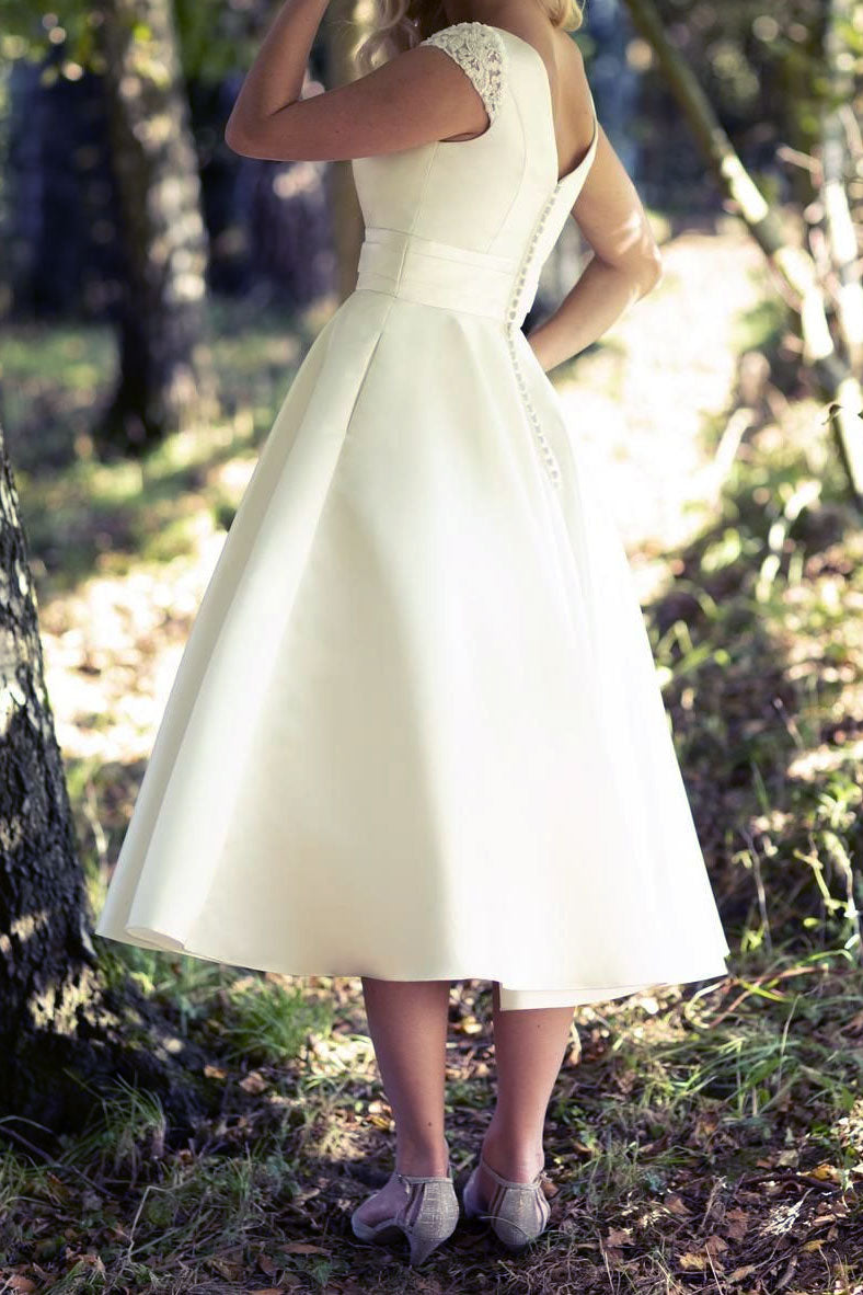 Satin Retro Tea Length Wedding Dress with Cap Sleeves