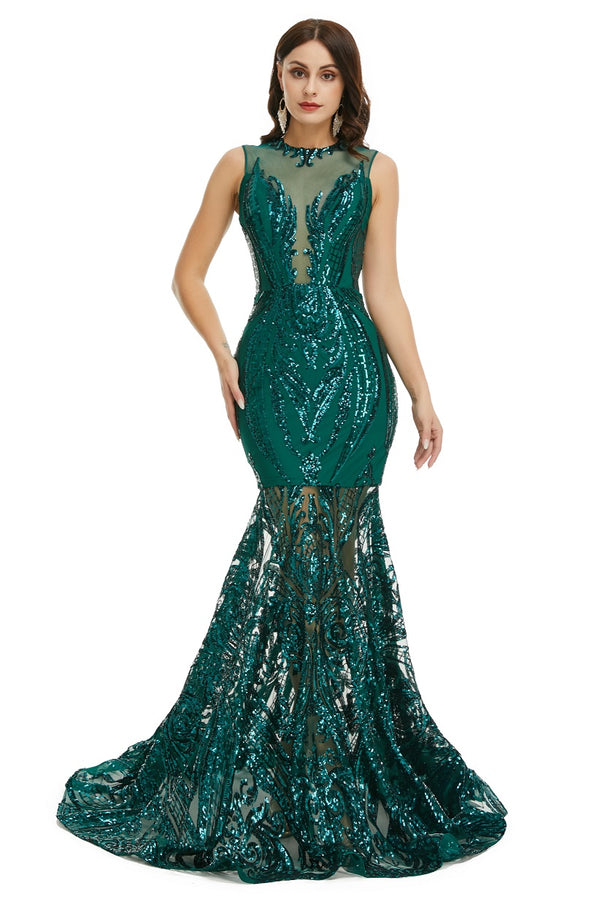 Teal Green Maxi Sequins Mermaid Formal Prom Evening Dress EN5007