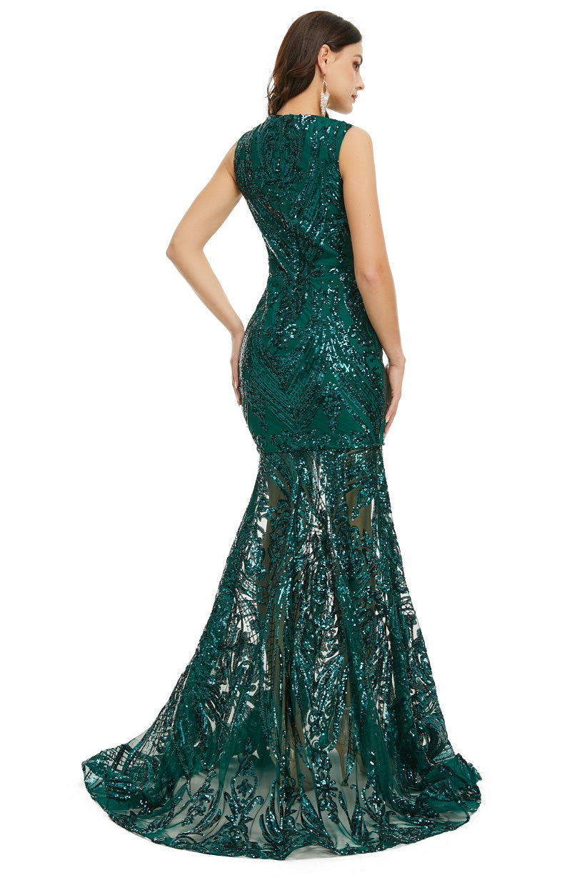Teal Green Maxi Sequins Mermaid Formal Prom Evening Dress EN5007