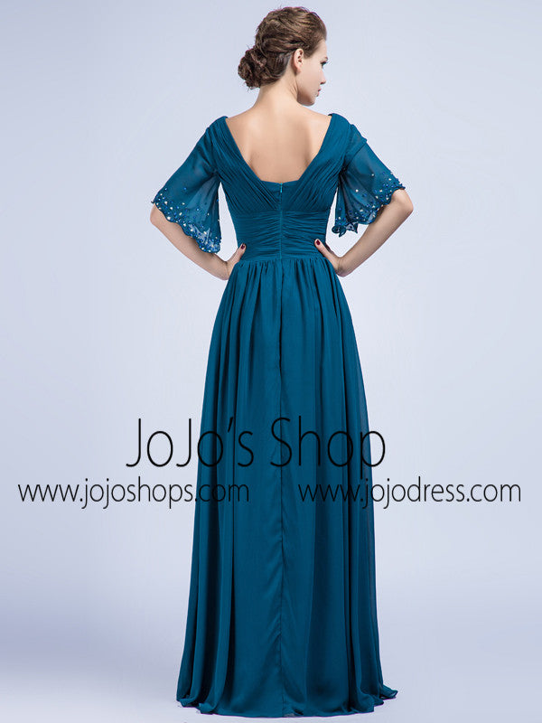 Teal Chiffon Full Length Graduation Dress with Sleeves
