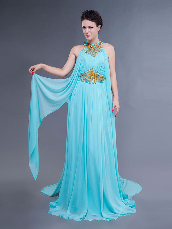 Turquoise Grecian Halter Long Formal Prom Evening Dress