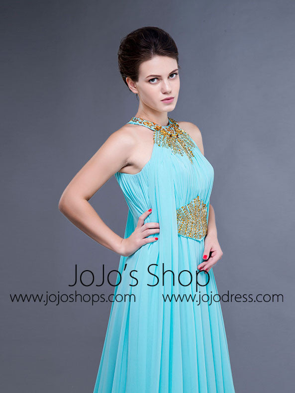 Turquoise Grecian Halter Long Formal Prom Evening Dress