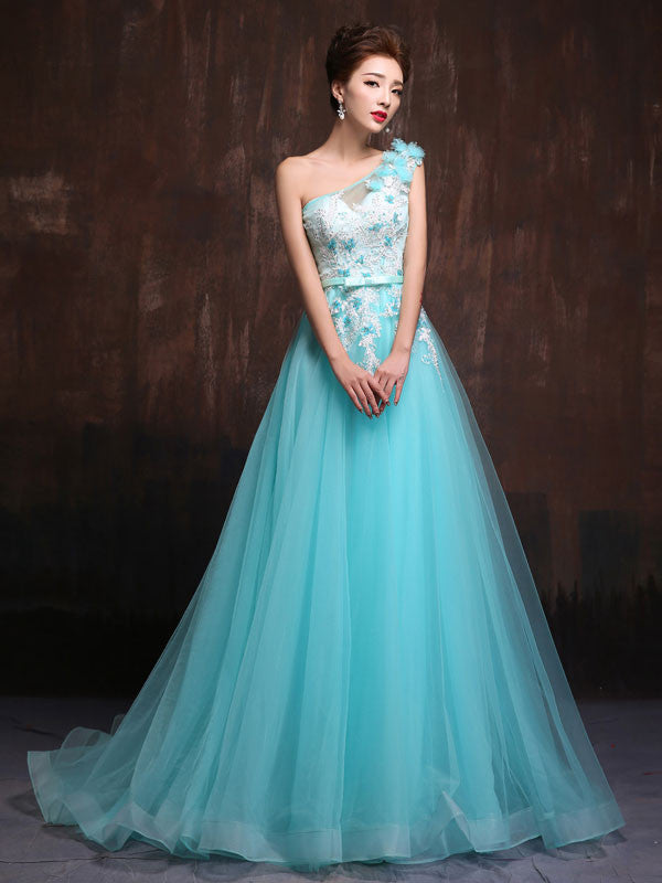 Whimsical Grecian One Shoulder Turquoise Tulle Formal Evening Prom Dress X005