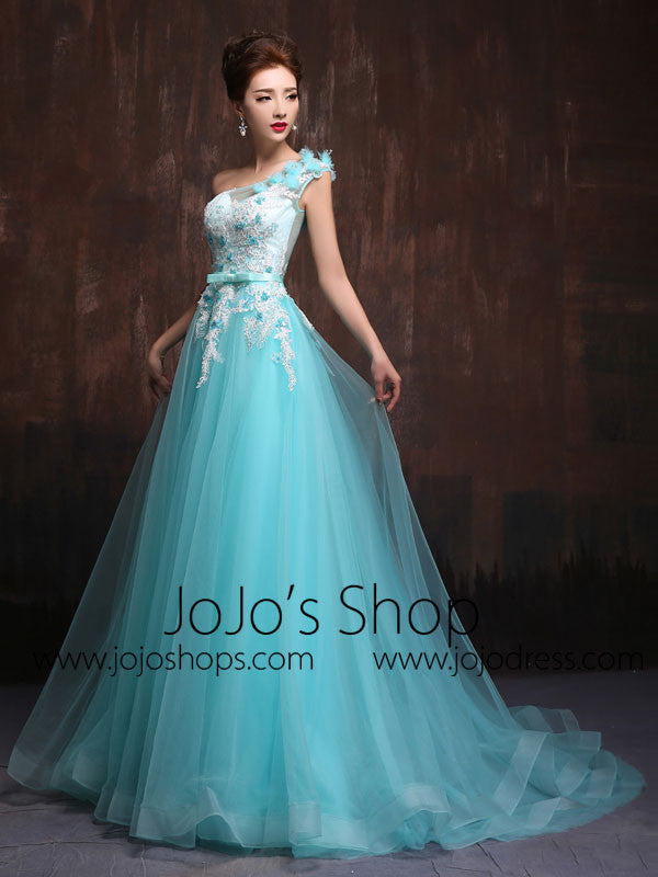 turquoise blue prom dress Whimsical Grecian One Shoulder Turquoise Tulle Formal Evening Prom Dress X005 Size 16W+ / Other (8 weeks)