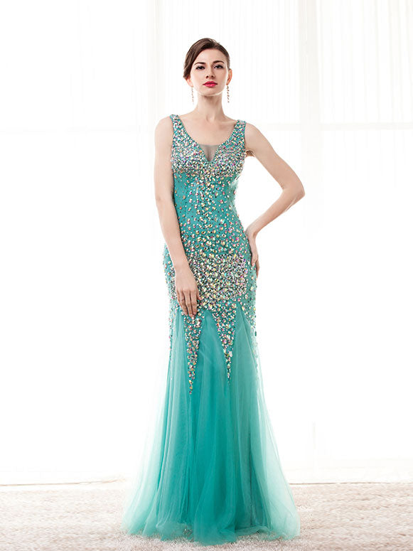 Green Formal Prom Dress with Rhinestones