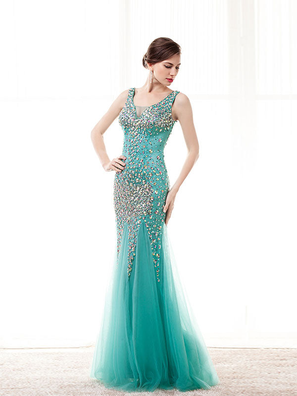 Green Formal Prom Dress with Rhinestones