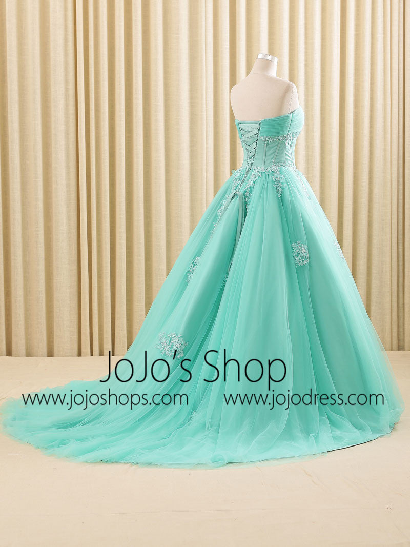white and turquoise wedding dress Romantic Chic Lace Princess butterfly with 3D Floral Appliques Light Blue A-Line Tulle Bridal Gown Unique ball gown wedding dress with flowers on the bodice Turquoise Lace Ball Gown Dress