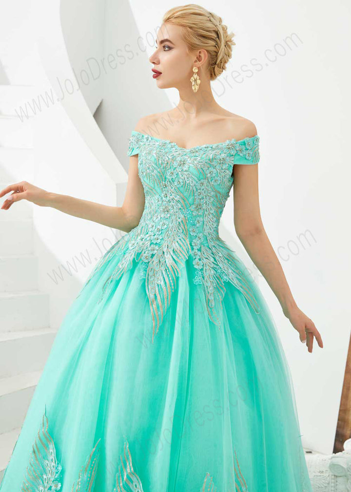 Turquoise Off the Shoulder Ball Gown Prom Formal Dress