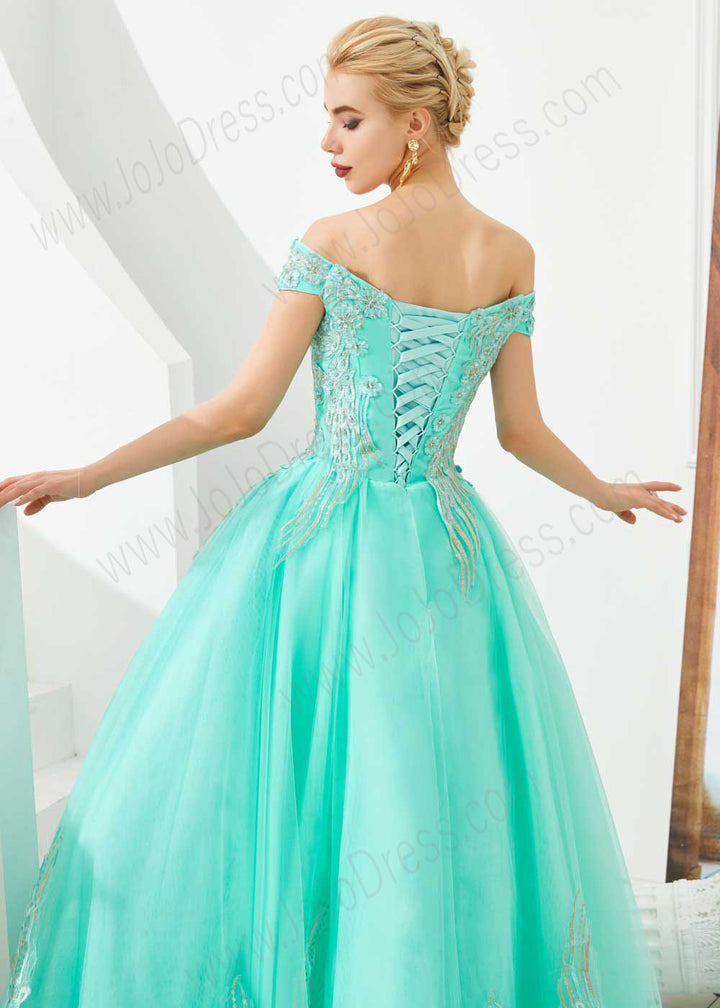 Turquoise Off the Shoulder Ball Gown Prom Formal Dress