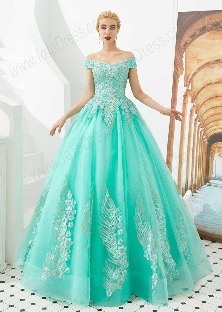 Turquoise Off the Shoulder Ball Gown Prom Formal Dress