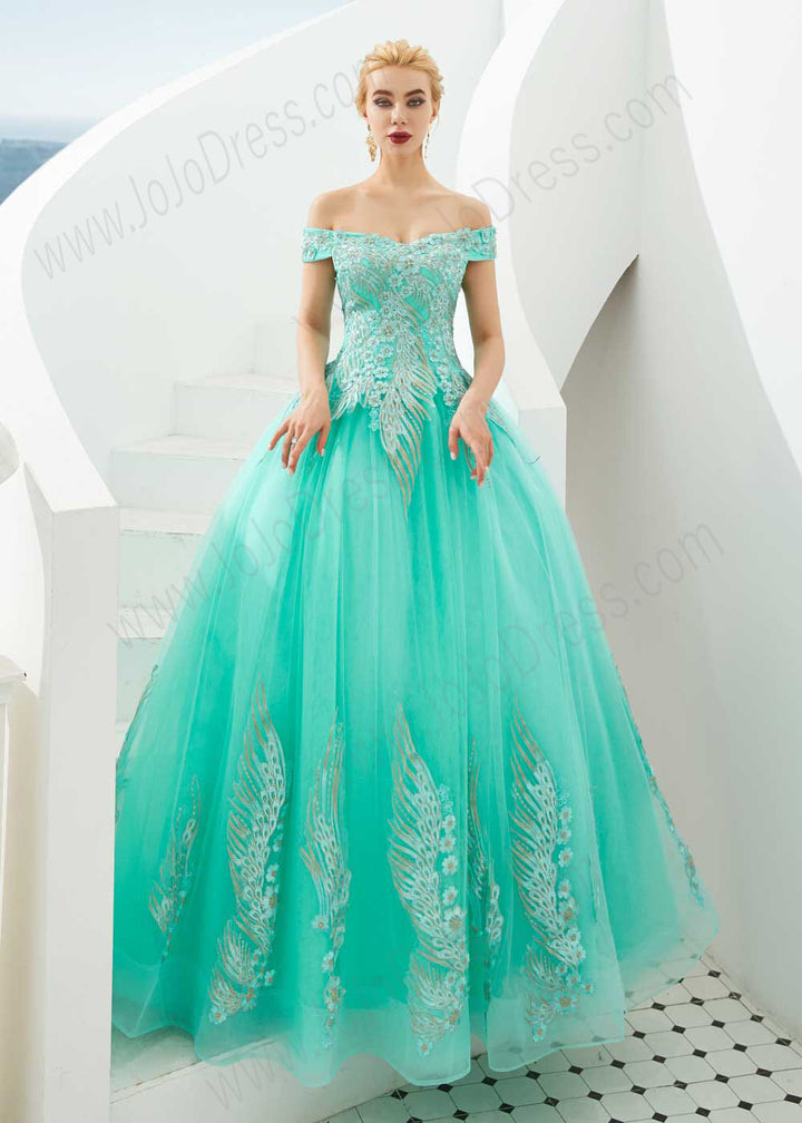 Turquoise Off the Shoulder Ball Gown Prom Formal Dress