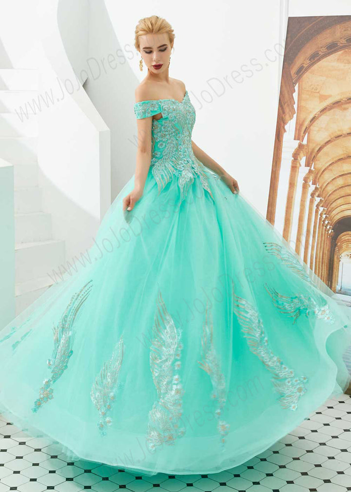 Turquoise Off the Shoulder Ball Gown Prom Formal Dress