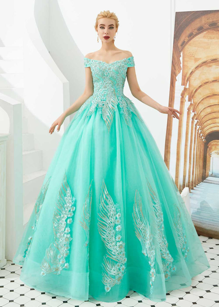 prom turquoise dress Long with Embroidery professional profile Turquoise Satin Lace Ball Gown
