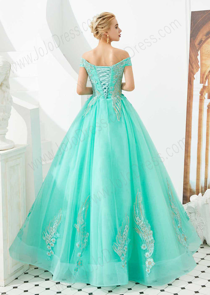 Turquoise Off the Shoulder Ball Gown Prom Formal Dress