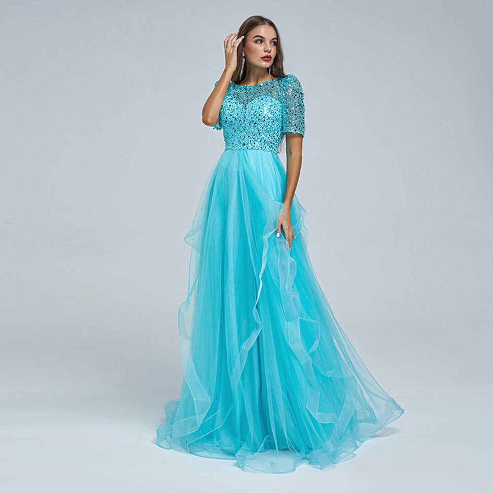 Turquoise Maxi Sparkly Formal Prom Evening Dress EN5401