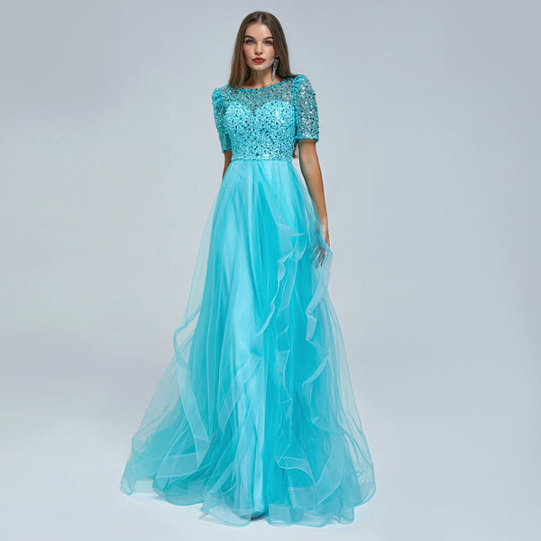 Turquoise Maxi Sparkly Formal Prom Evening Dress EN5401