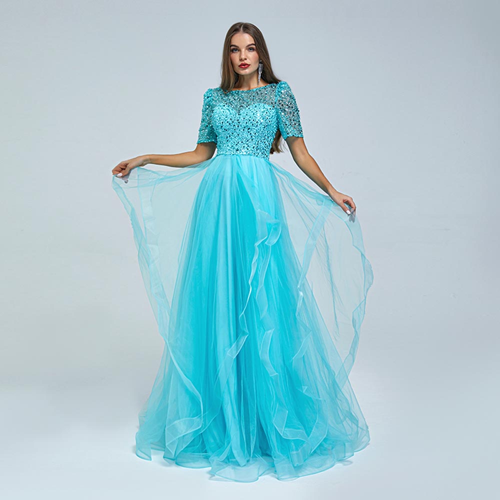 Turquoise Maxi Sparkly Formal Prom Evening Dress EN5401