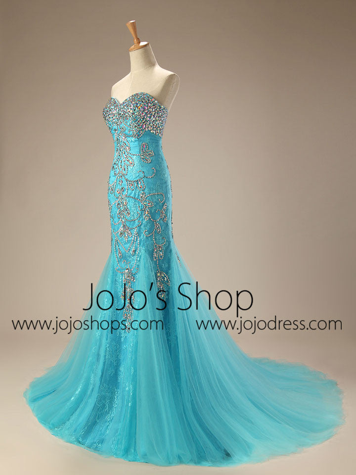 Turquoise Jeweled Lace Mermaid Formal Evening Dress