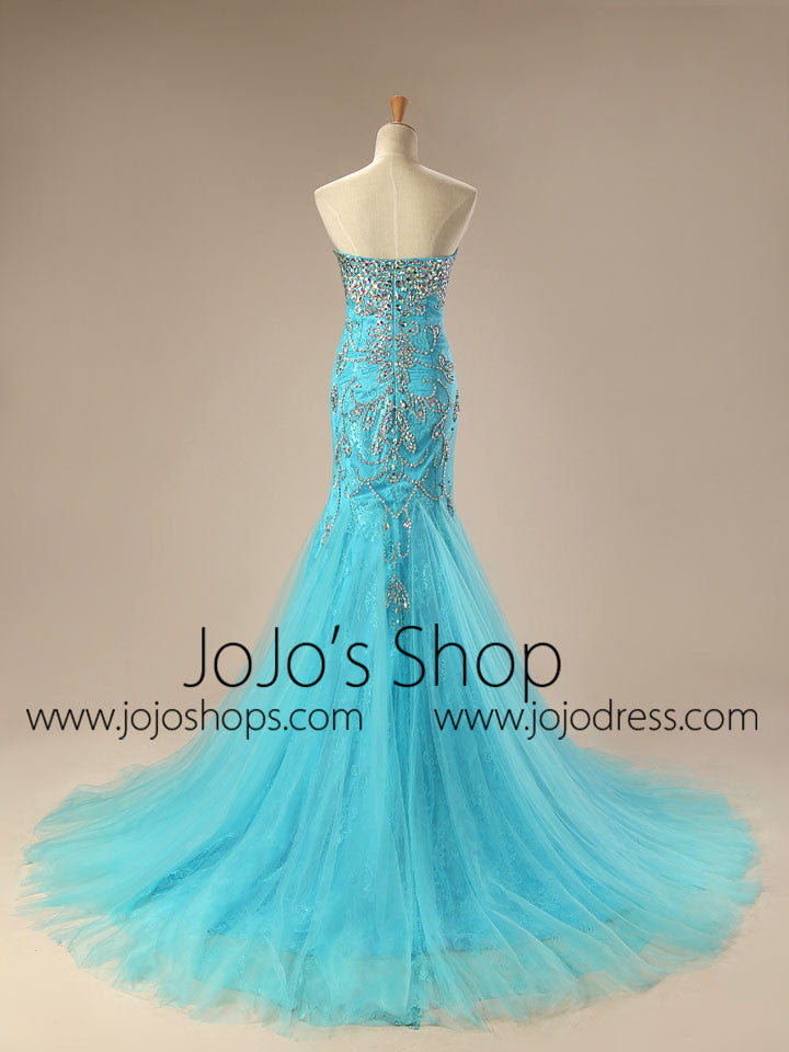 Turquoise Jeweled Lace Mermaid Formal Evening Dress