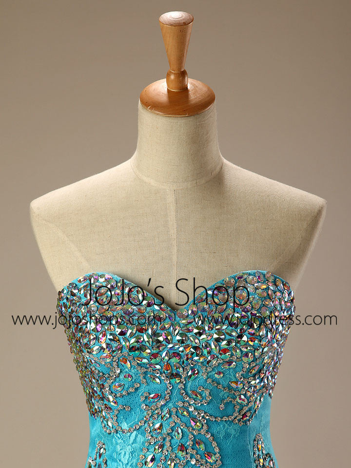 Turquoise Jeweled Lace Mermaid Formal Evening Dress