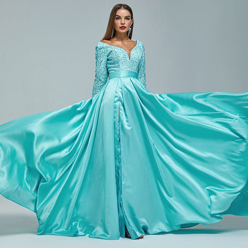Turquoise Satin Lace Ball Gown Formal Prom Dress EN5407