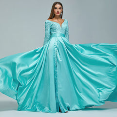Turquoise Satin Lace Ball Gown Formal Prom Dress EN5407
