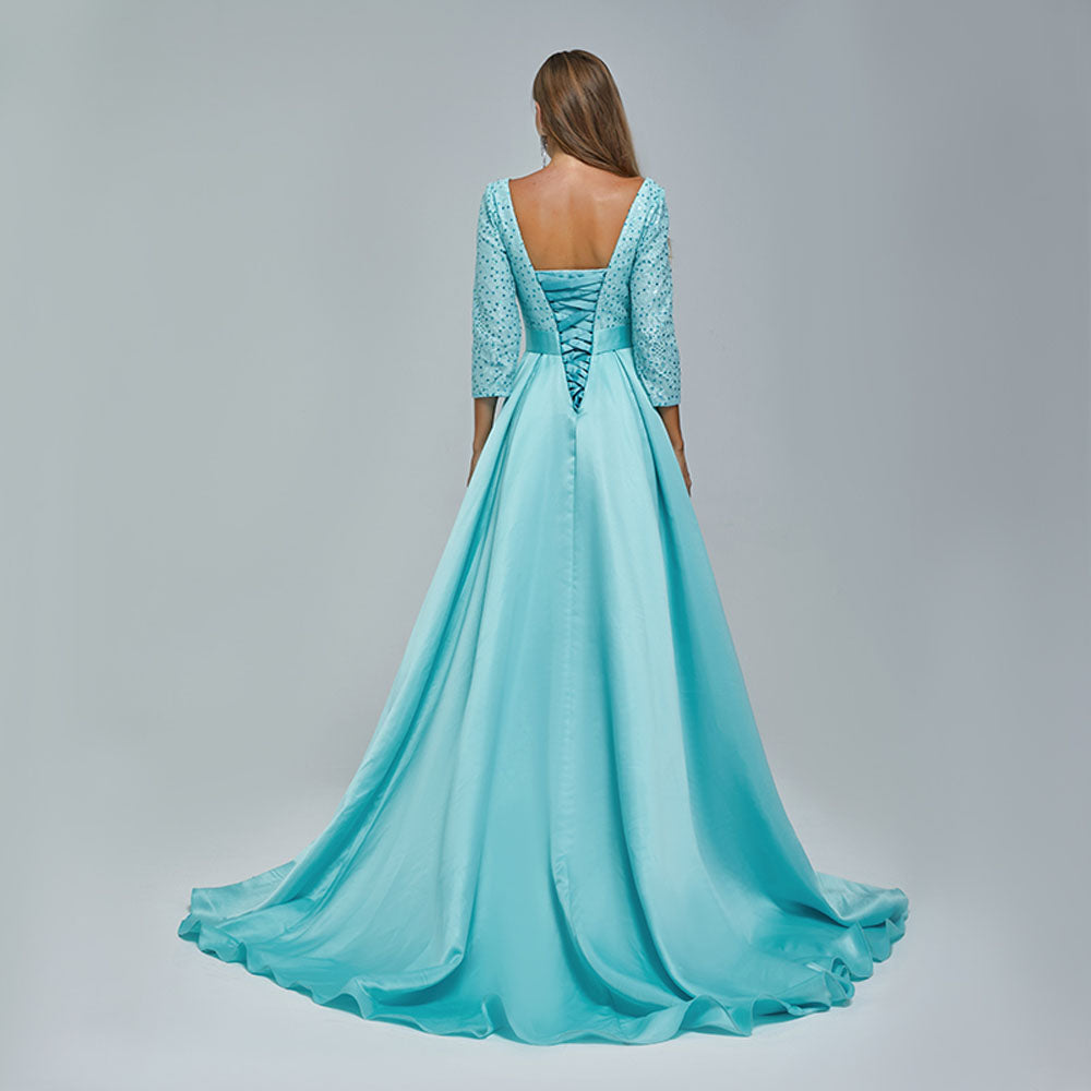 Turquoise Satin Lace Ball Gown Formal Prom Dress EN5407